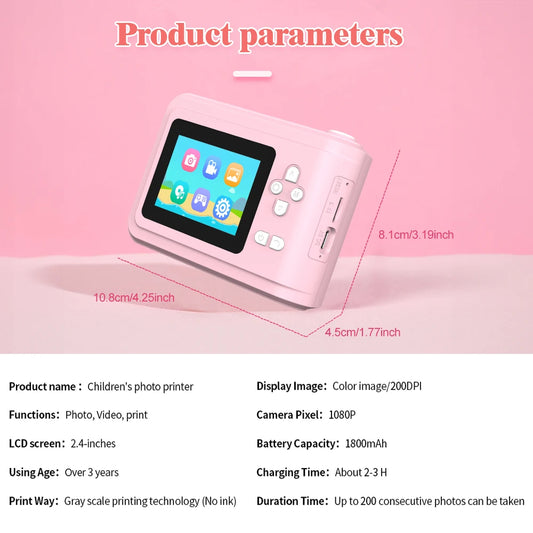 Educational Digital Children Camera Instant Print Photo 1080P HD Video Recorder Mini Thermal Printer Camera Toy Birthday Gift