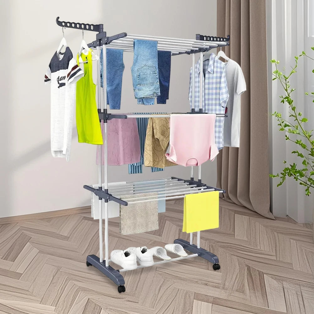 Home Removable 4-layers Drying Rack Foldable Telescopic Towel Hanging Rack Indoor Outdoor Adjustable Floor Standing Drying Rack