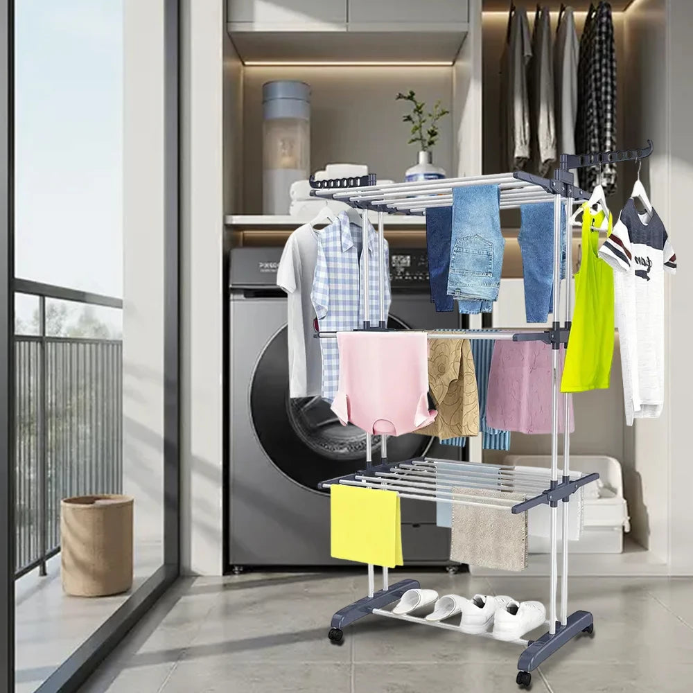 Home Removable 4-layers Drying Rack Foldable Telescopic Towel Hanging Rack Indoor Outdoor Adjustable Floor Standing Drying Rack