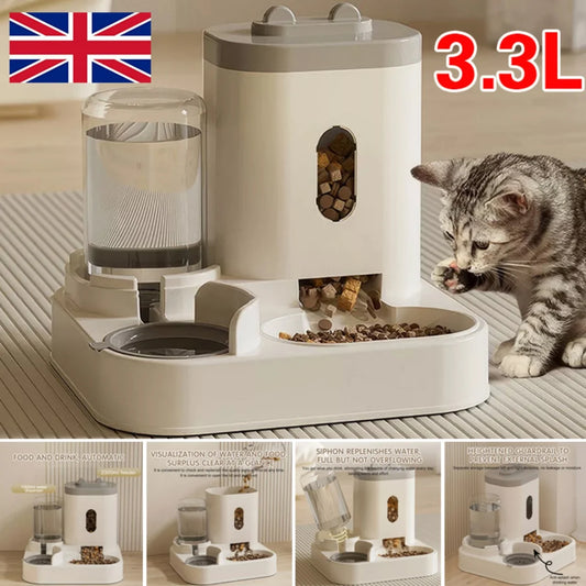 Cat Feeder and Gravity Drinker, 3.3L 2-in-1 Automatic Pet Drinker Detachable Set Pet Food Storage Suitable for Small Dogs and Cats